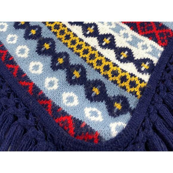 Vintage Knit Southwest Pattern Asymmetrical Sweater Poncho With Fringe Sz Small - Picture 6 of 8